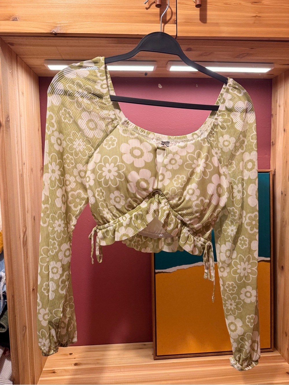 Green Floral Ruched Tie-Front Crop Top